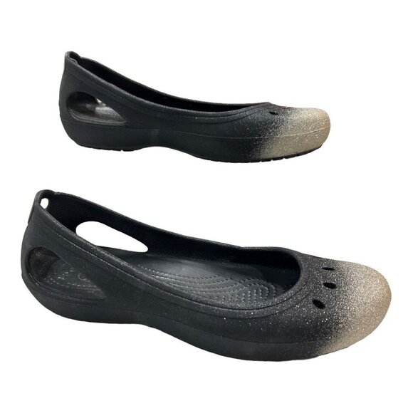 Crocs‎ Womens 11 MaryJane Flats Slip Ons Black Gold Glitter Comfort Walking - Picture 1 of 8